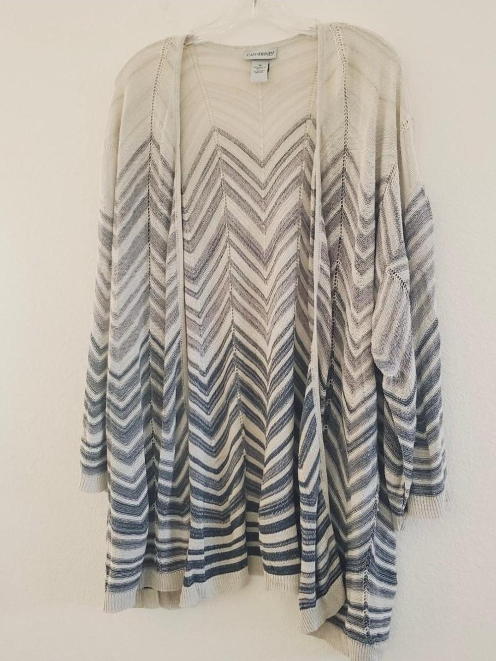 Catherines Cream/Gray/Purple Chevron Open-Front Cardigan